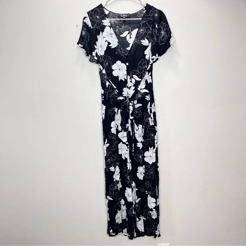 Lulus North Pacific‎ Black White Floral Cropped Wide Leg Pockets Jumpsuit SMALL